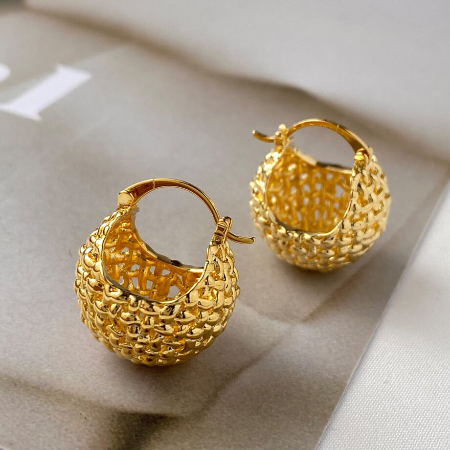 Geometric Grid Ball Earrings - 18K Gold Modernist Studs | Unique Hypoallergenic Jewelry for Cartilage & Lobes