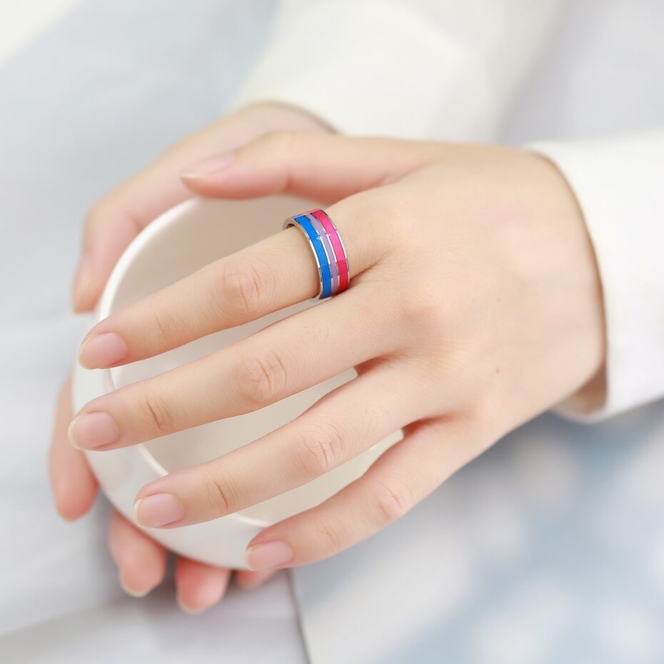 Bisexual Rainbow Flag Couple Rings - Titanium Steel Matching Pride Jewelry | LGBTQ+ Love & Unity Wedding Band Set
