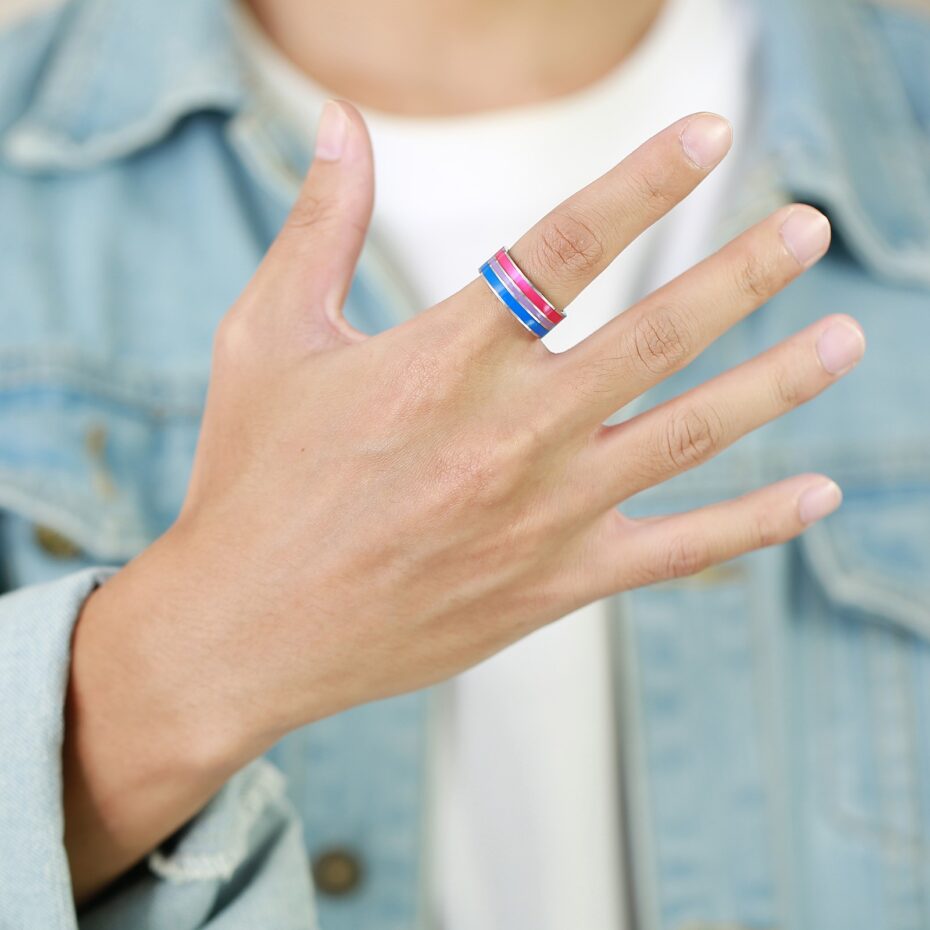 Bisexual Rainbow Flag Couple Rings - Titanium Steel Matching Pride Jewelry | LGBTQ+ Love & Unity Wedding Band Set
