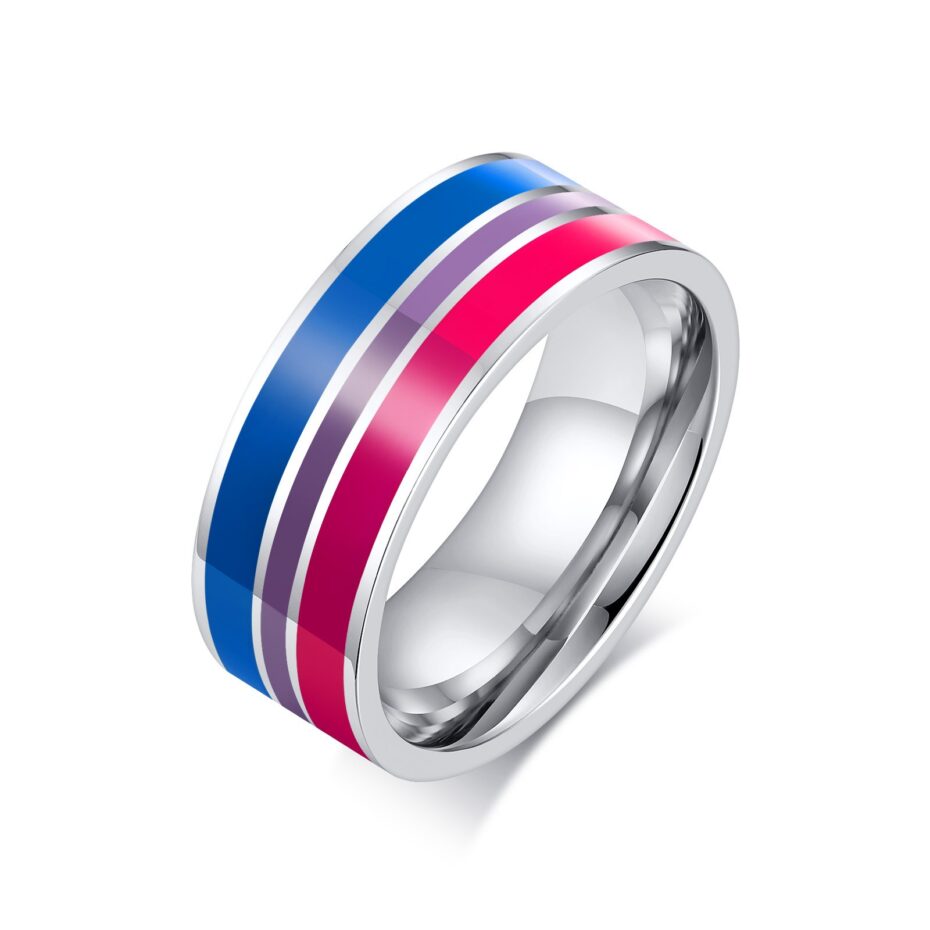 Bisexual Rainbow Flag Couple Rings - Titanium Steel Matching Pride Jewelry | LGBTQ+ Love & Unity Wedding Band Set