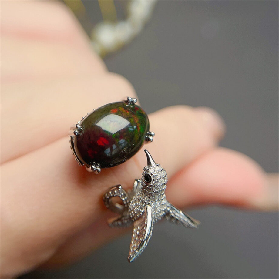 Natural Black Opal Bird Ring – S925 Sterling Silver Elegance