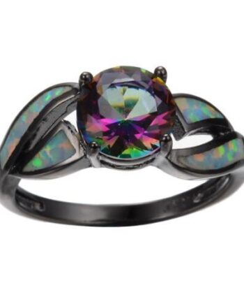 White Fire Opal & Rainbow Sapphire Black Gold Engagement Ring – Unisex Hypoallergenic Jewelry