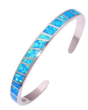 Blue Opal Open Bangle Bracelet | White Steel – Hypoallergenic