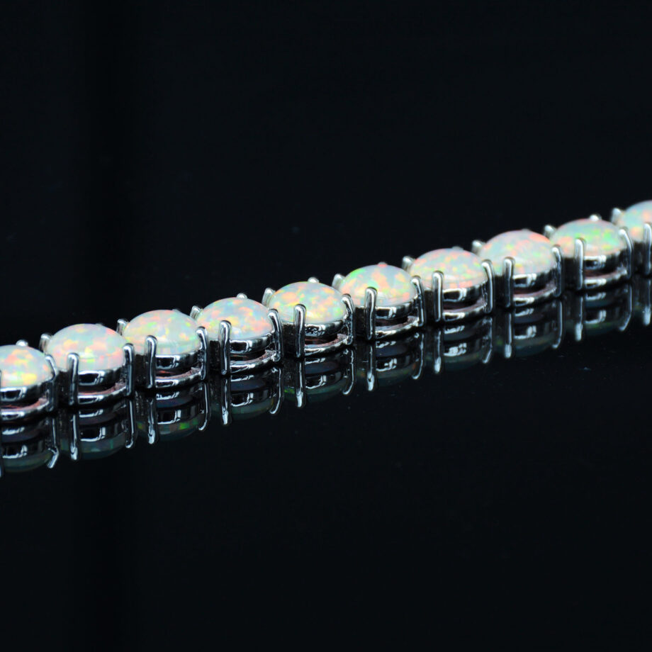 8MM Round White Blue Opal Bracelet | Hypoallergenic Sterling Silver Jewelry – Handcrafted Elegance
