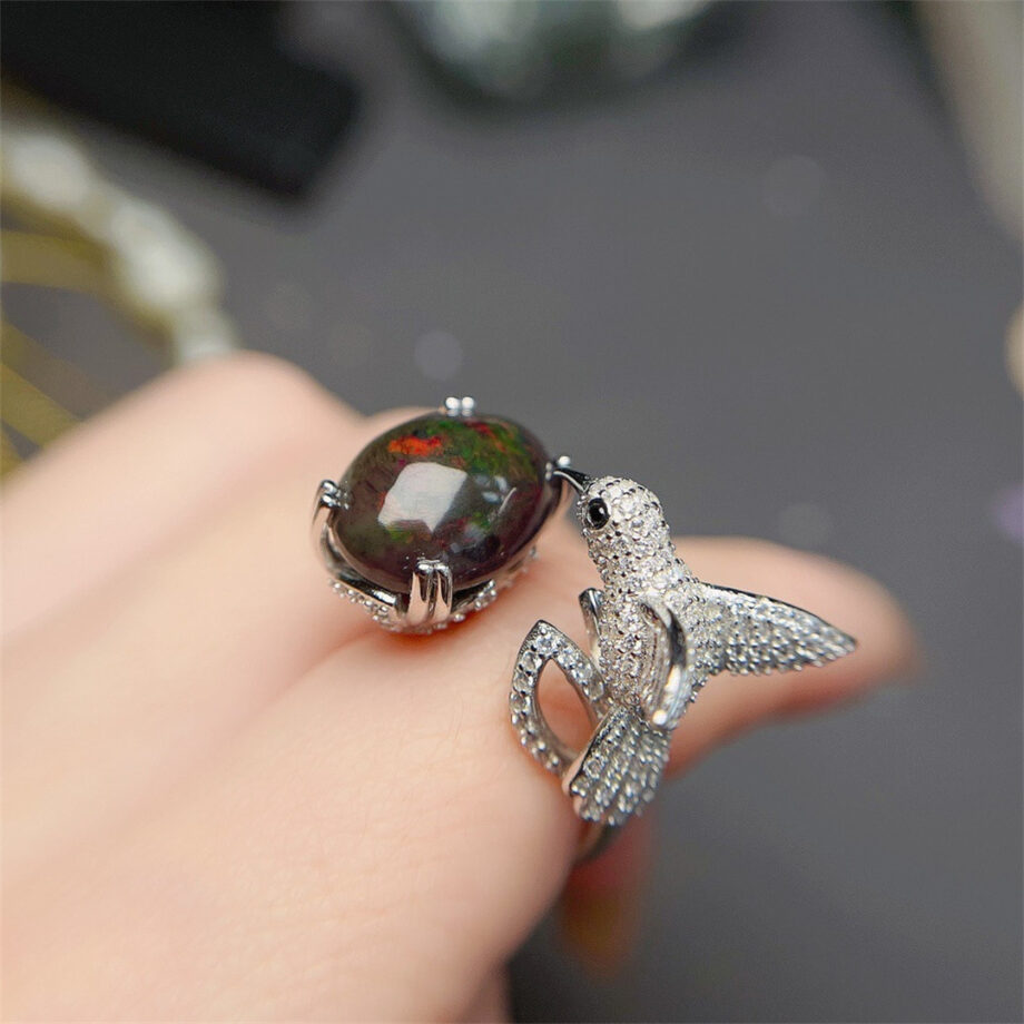 Natural Black Opal Bird Ring – S925 Sterling Silver Elegance