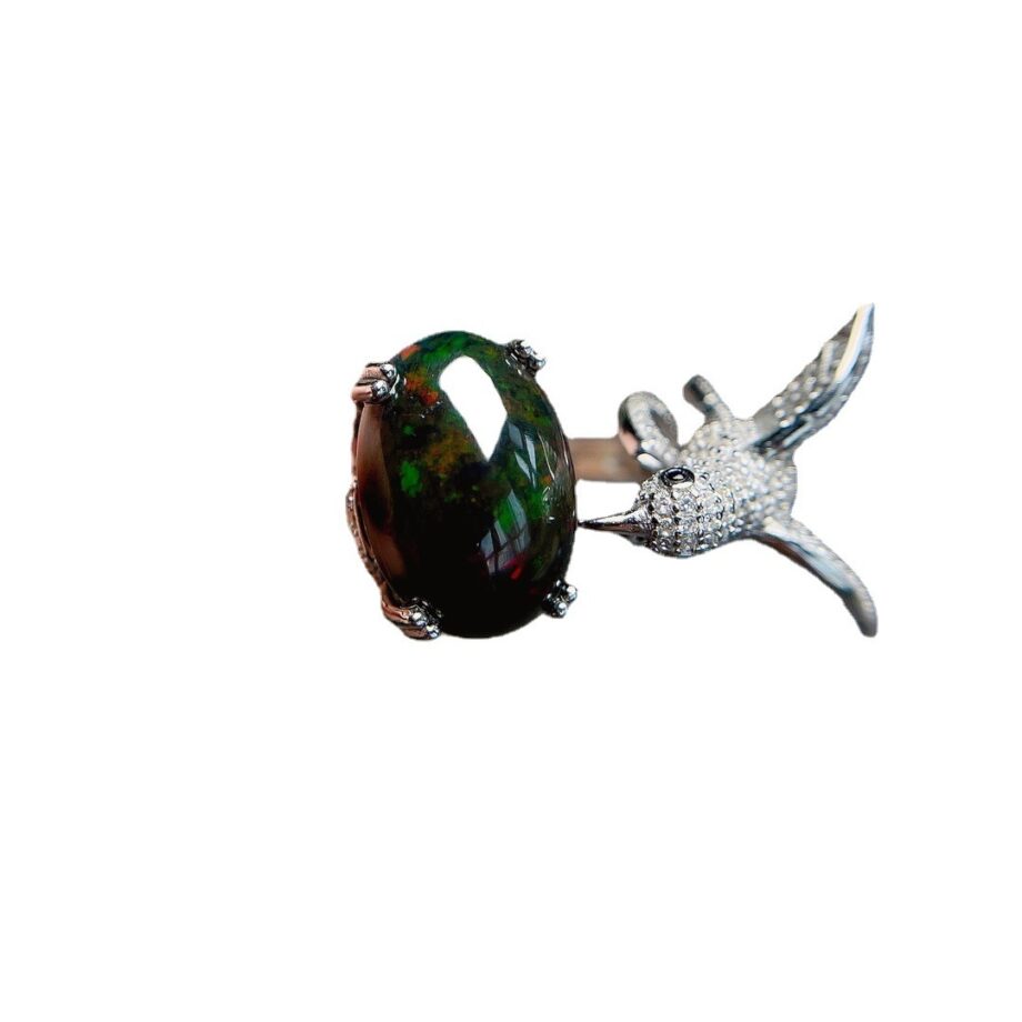 Natural Black Opal Bird Ring – S925 Sterling Silver Elegance