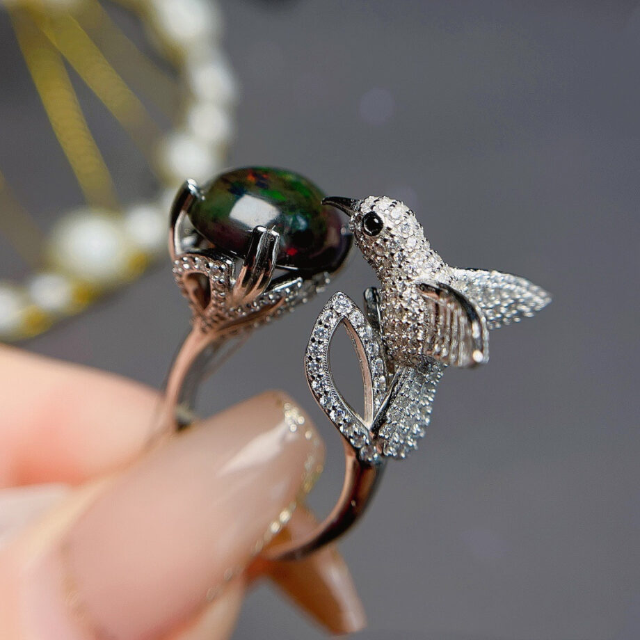 Natural Black Opal Bird Ring – S925 Sterling Silver Elegance