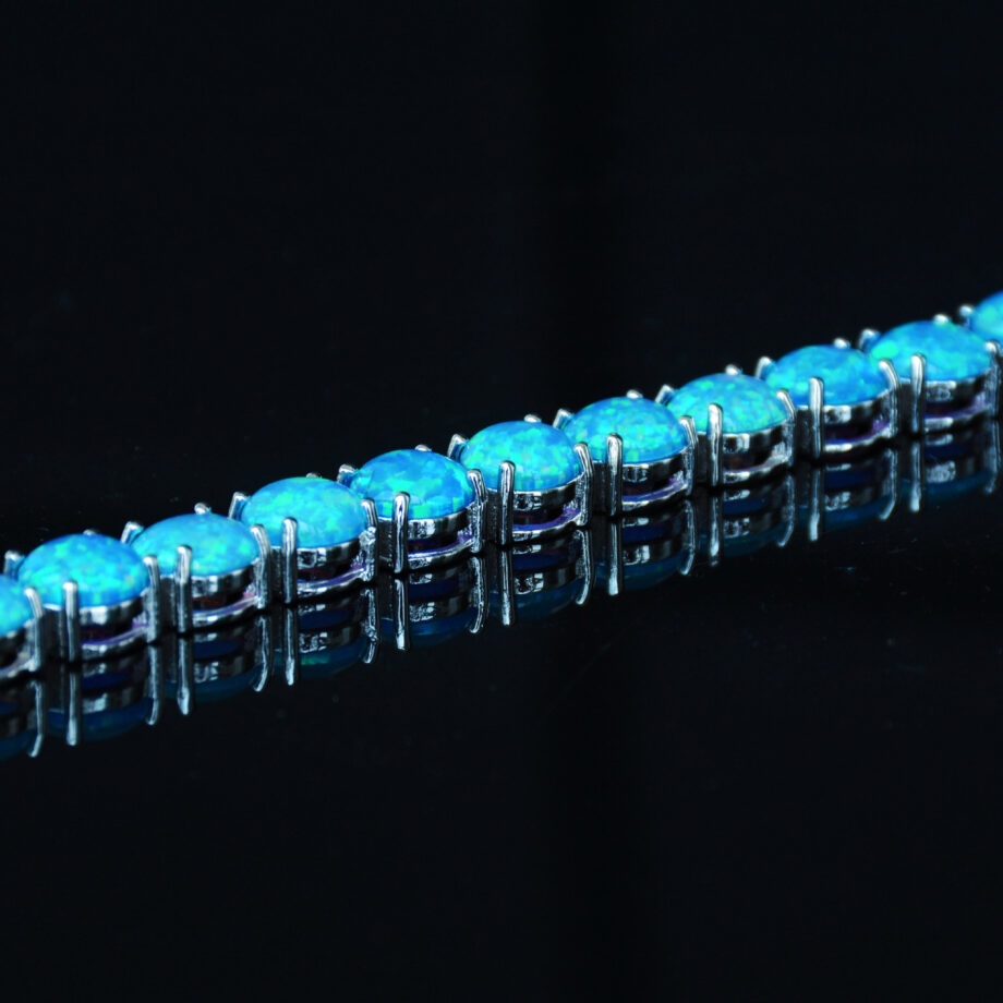 8MM Round White Blue Opal Bracelet | Hypoallergenic Sterling Silver Jewelry – Handcrafted Elegance