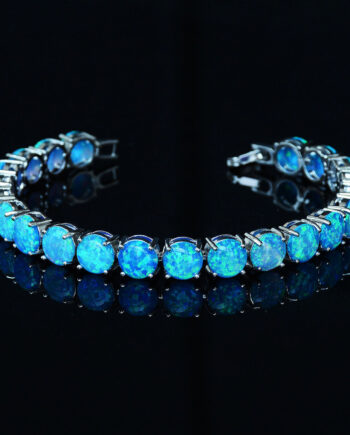 8MM Round White Blue Opal Bracelet | Hypoallergenic Sterling Silver Jewelry – Handcrafted Elegance