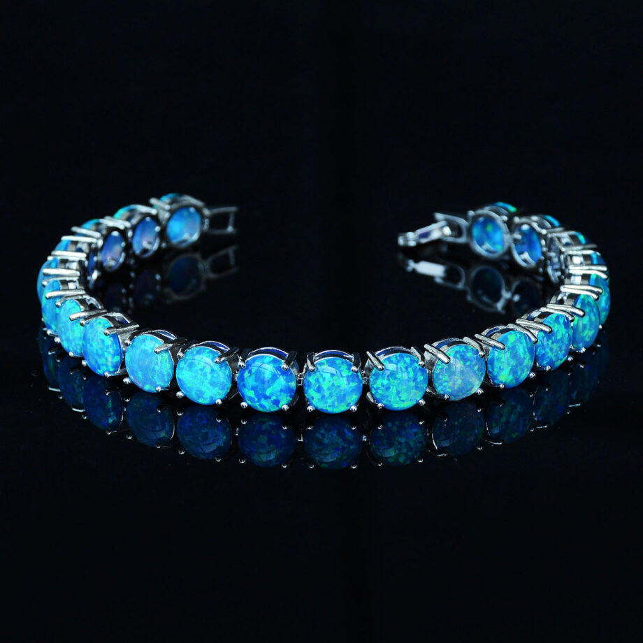 8MM Round White Blue Opal Bracelet | Hypoallergenic Sterling Silver Jewelry – Handcrafted Elegance