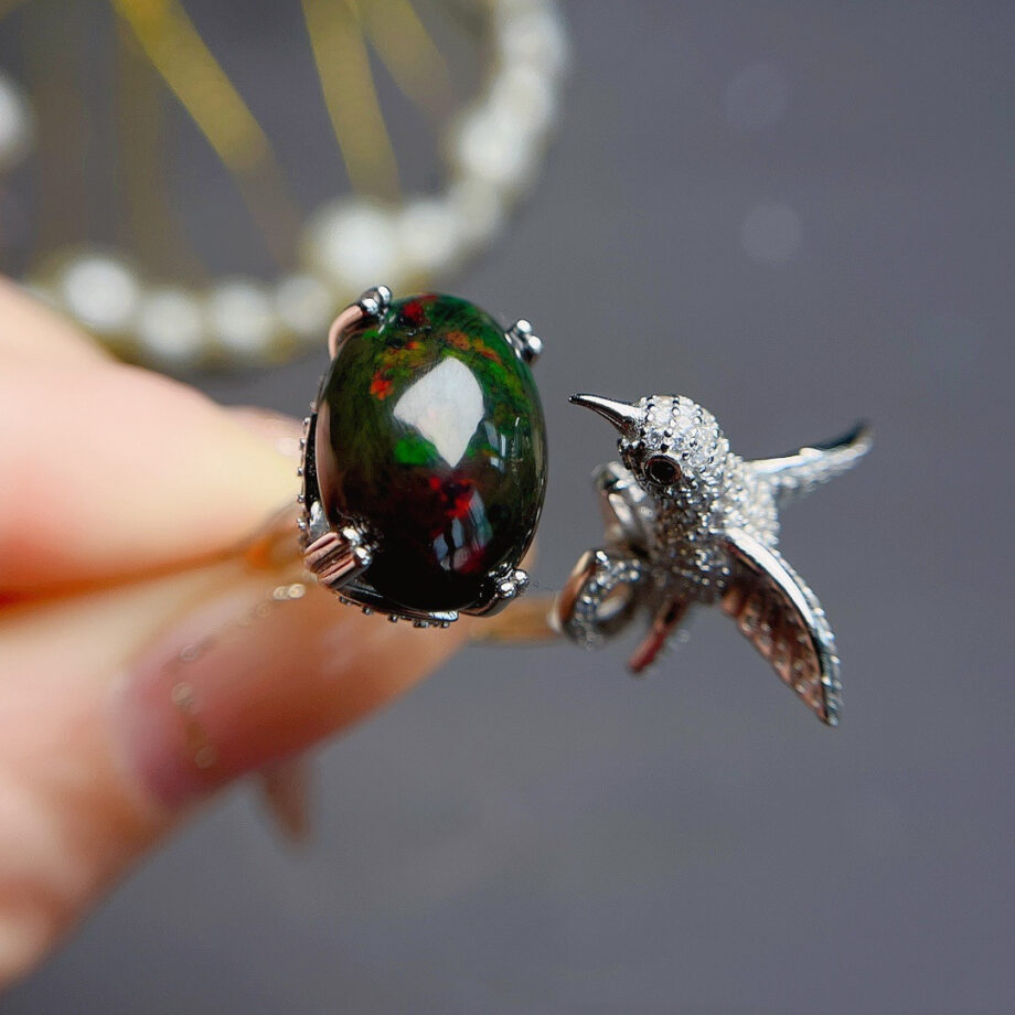 Natural Black Opal Bird Ring – S925 Sterling Silver Elegance