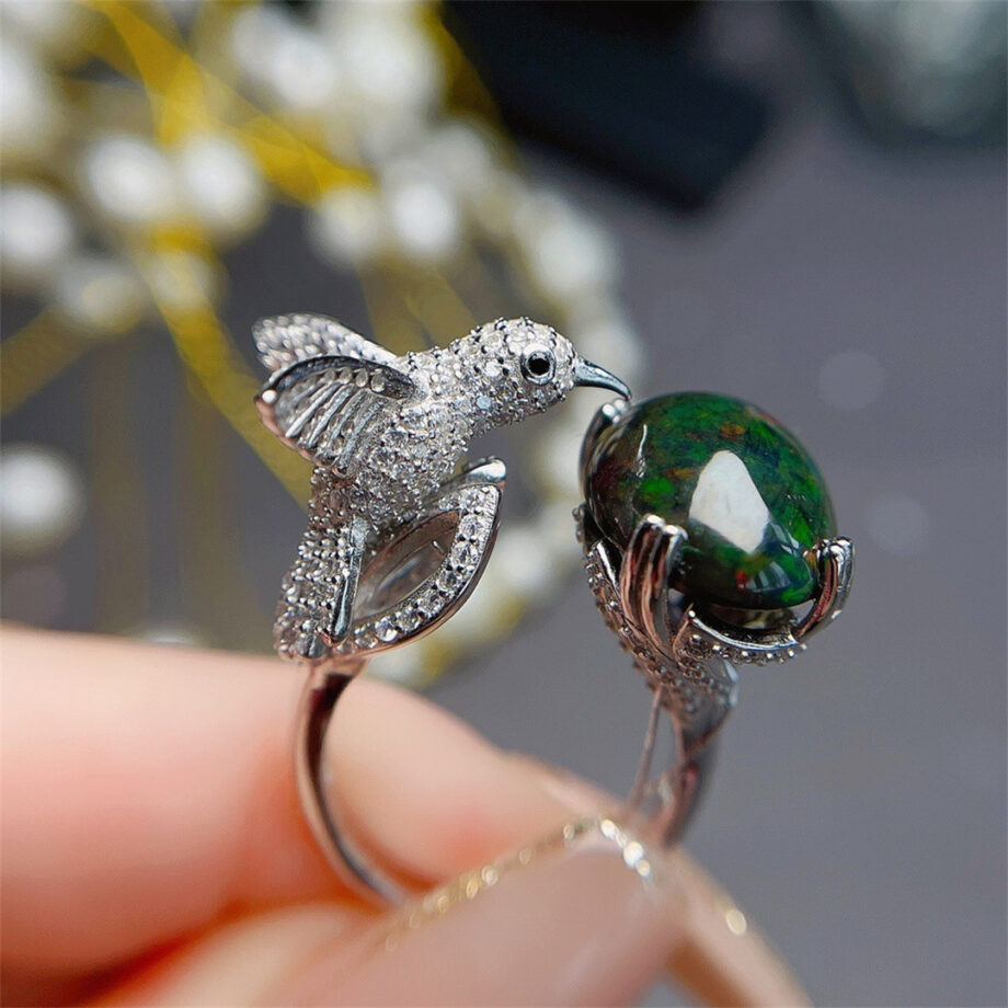 Natural Black Opal Bird Ring – S925 Sterling Silver Elegance