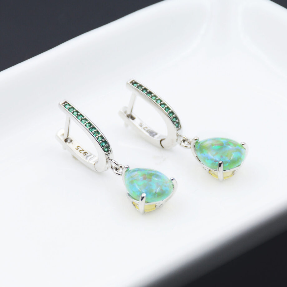 Green Teardrop Opal Earrings | Zircon Accent 925 Silver Jewelry – Hypoallergenic & Handcrafted