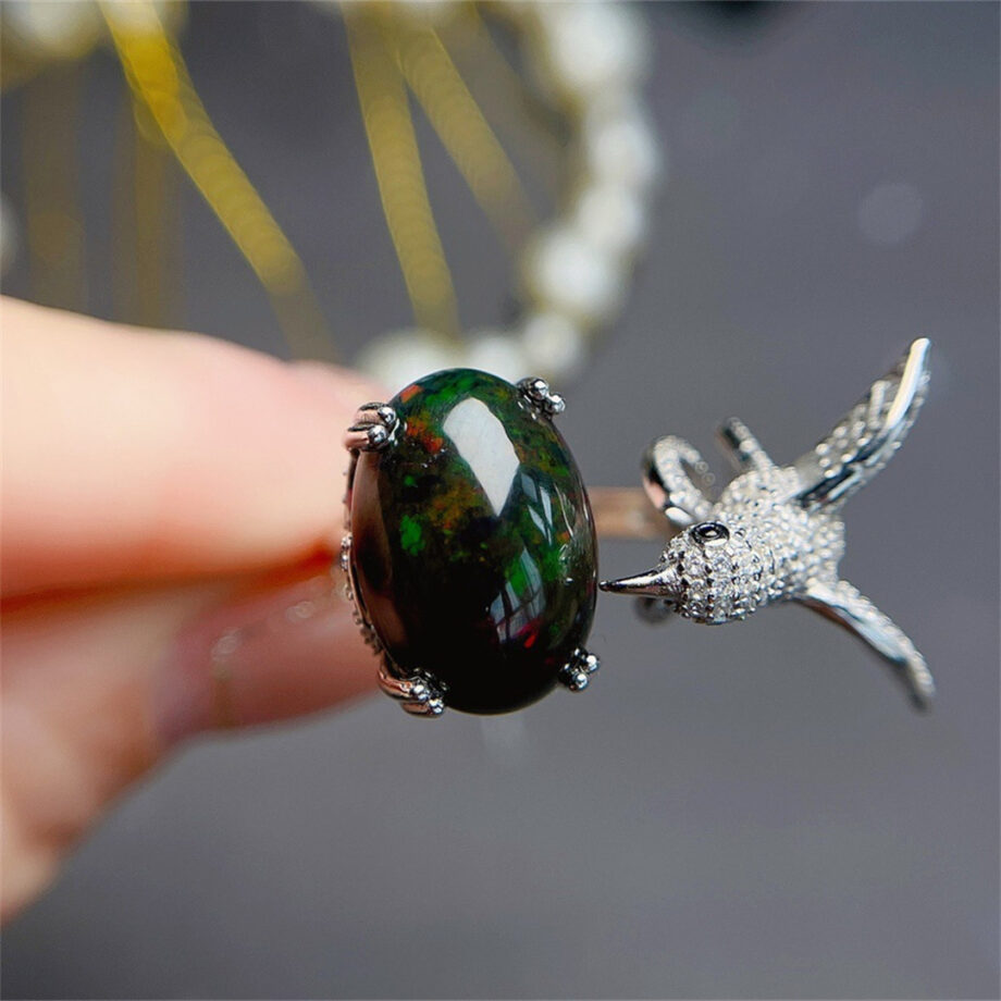 Natural Black Opal Bird Ring – S925 Sterling Silver Elegance