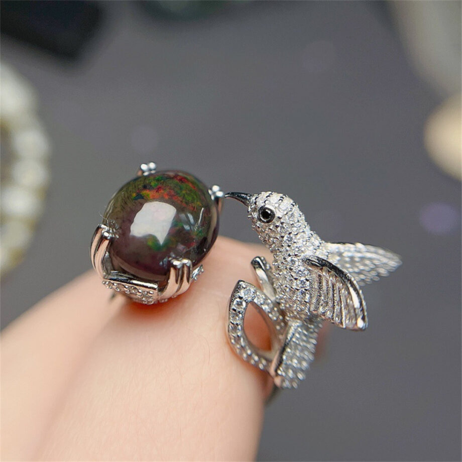 Natural Black Opal Bird Ring – S925 Sterling Silver Elegance