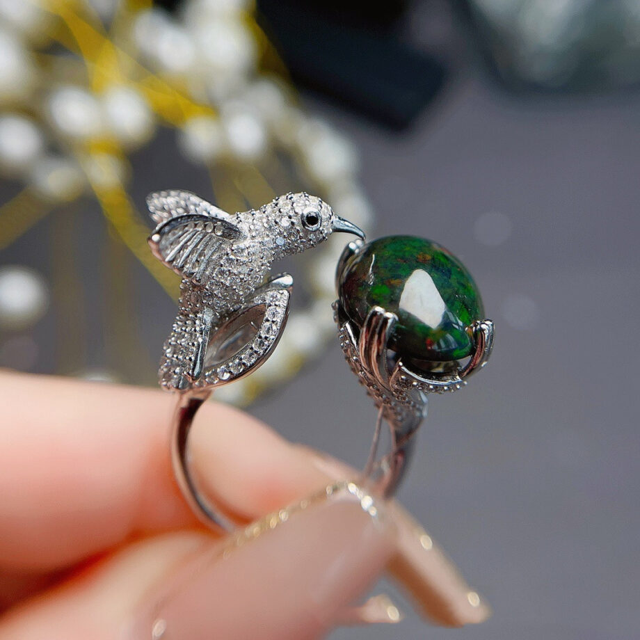 Natural Black Opal Bird Ring – S925 Sterling Silver Elegance