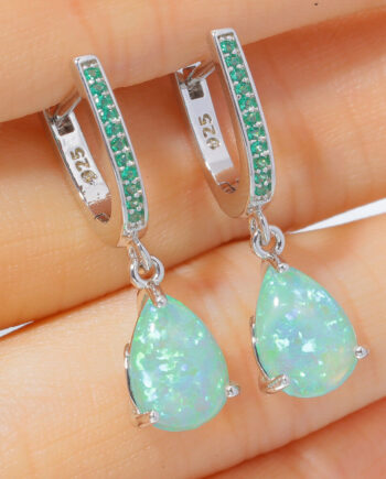 Green Teardrop Opal Earrings | Zircon Accent 925 Silver Jewelry – Hypoallergenic & Handcrafted