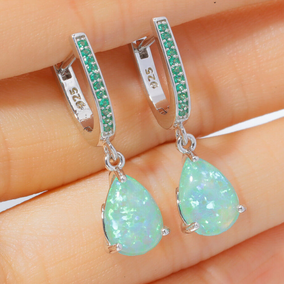 Green Teardrop Opal Earrings | Zircon Accent 925 Silver Jewelry – Hypoallergenic & Handcrafted